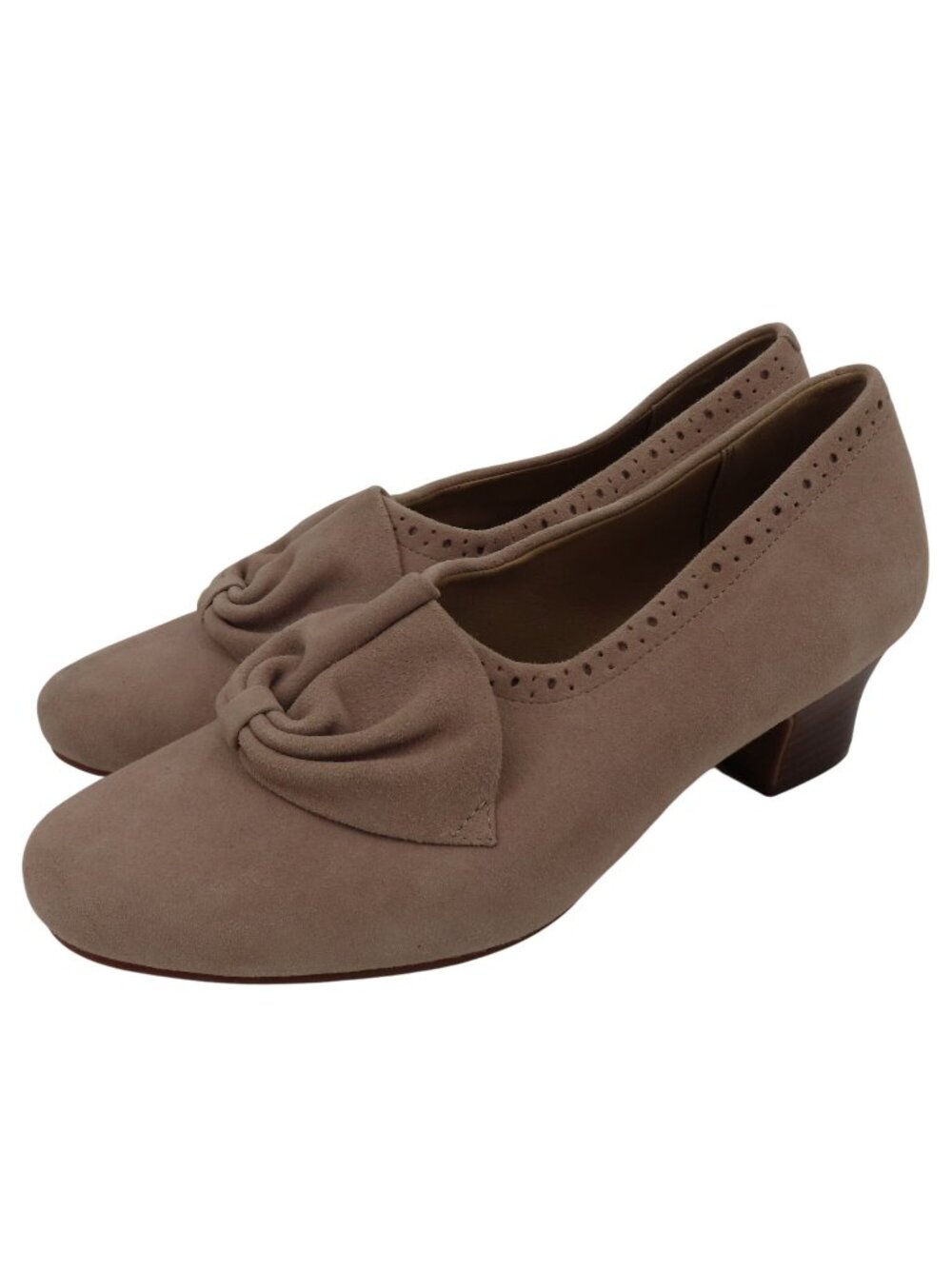 Hotter Women 8 US DONNA Beige Suede Leather Bow Perforated Slip On Heels Shoes